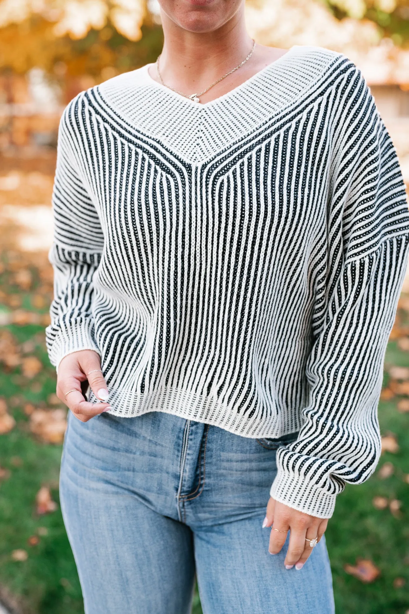 In Between V-Neck Knit Striped Sweater - Black