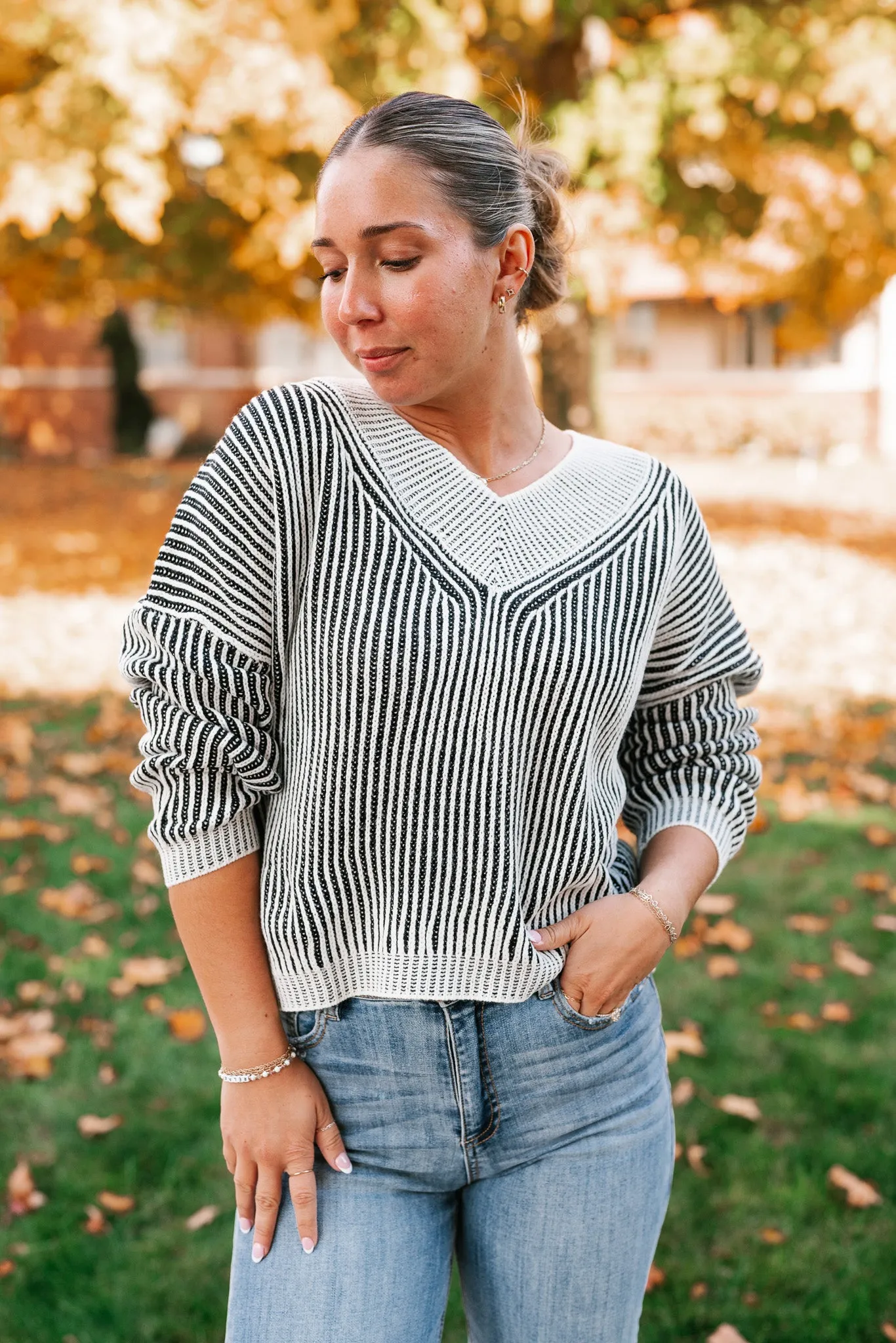 In Between V-Neck Knit Striped Sweater - Black