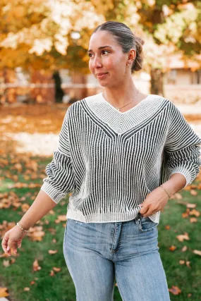 In Between V-Neck Knit Striped Sweater - Black