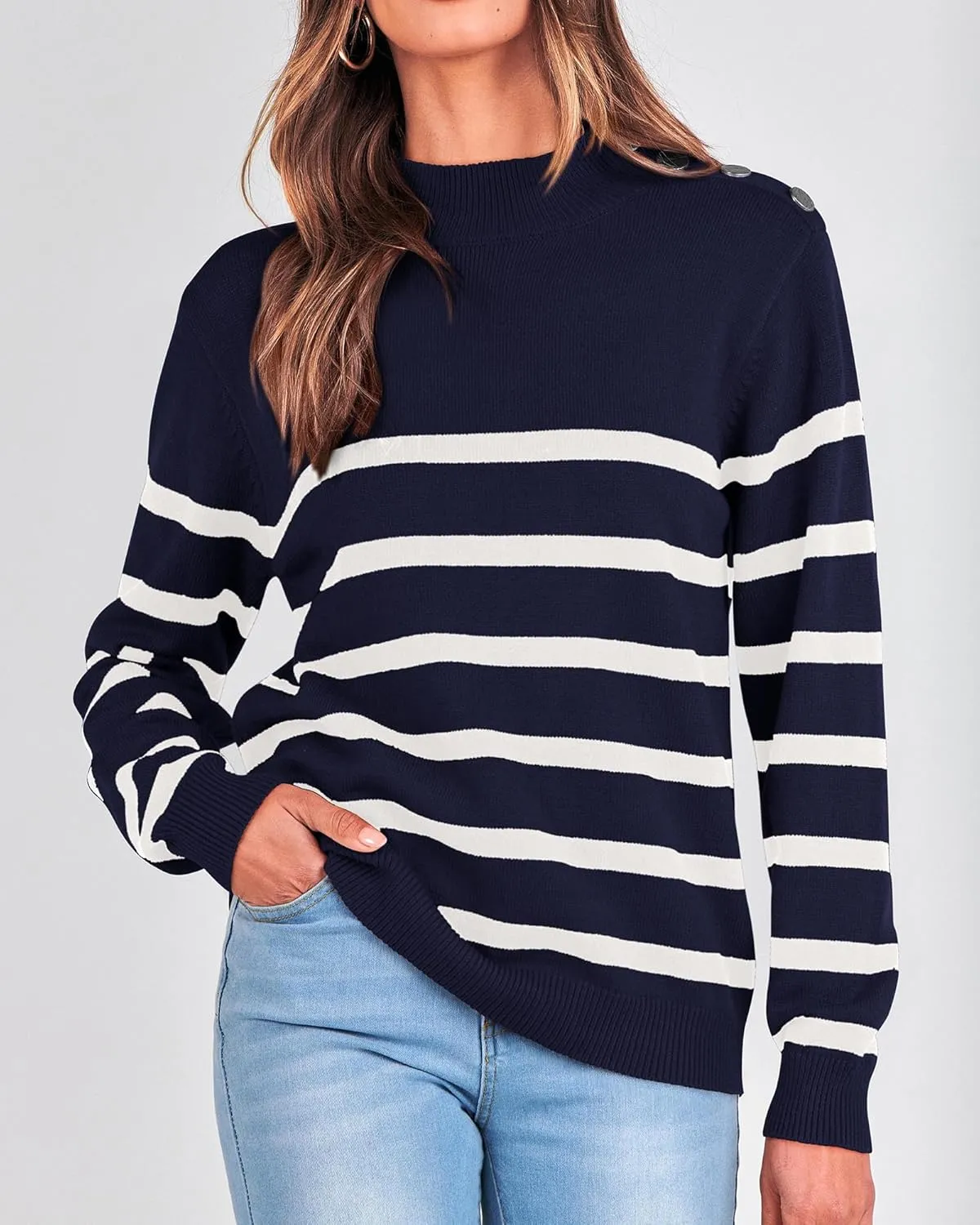KIRUNDO Women's 2025 Fall Winter Long Sleeve Knit Sweater Turtleneck Striped Loose Pullover Tops Deco with Metal Buttons