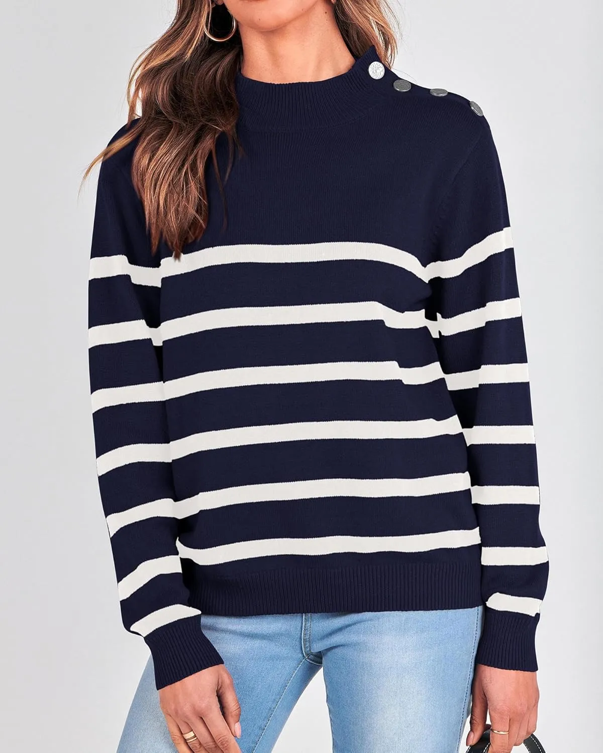 KIRUNDO Women's 2025 Fall Winter Long Sleeve Knit Sweater Turtleneck Striped Loose Pullover Tops Deco with Metal Buttons