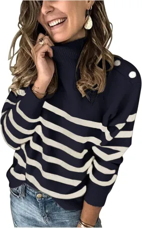 KIRUNDO Women's 2025 Fall Winter Long Sleeve Knit Sweater Turtleneck Striped Loose Pullover Tops Deco with Metal Buttons