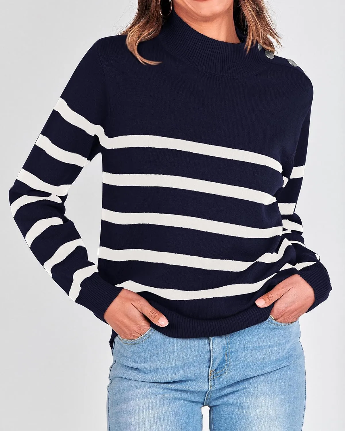 KIRUNDO Women's 2025 Fall Winter Long Sleeve Knit Sweater Turtleneck Striped Loose Pullover Tops Deco with Metal Buttons