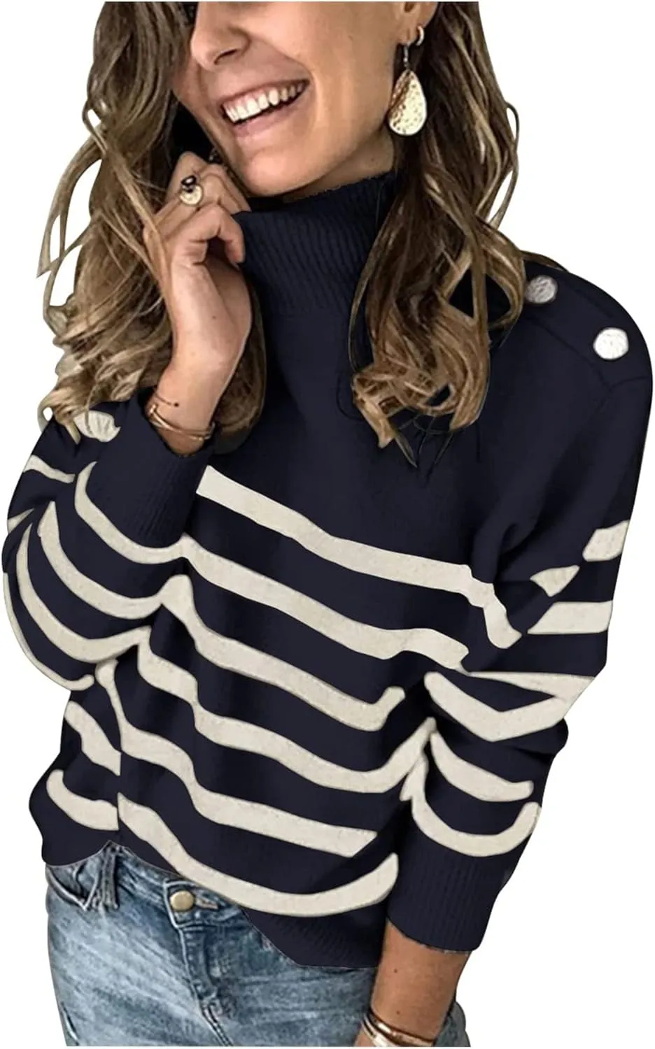 KIRUNDO Women's 2025 Fall Winter Long Sleeve Knit Sweater Turtleneck Striped Loose Pullover Tops Deco with Metal Buttons