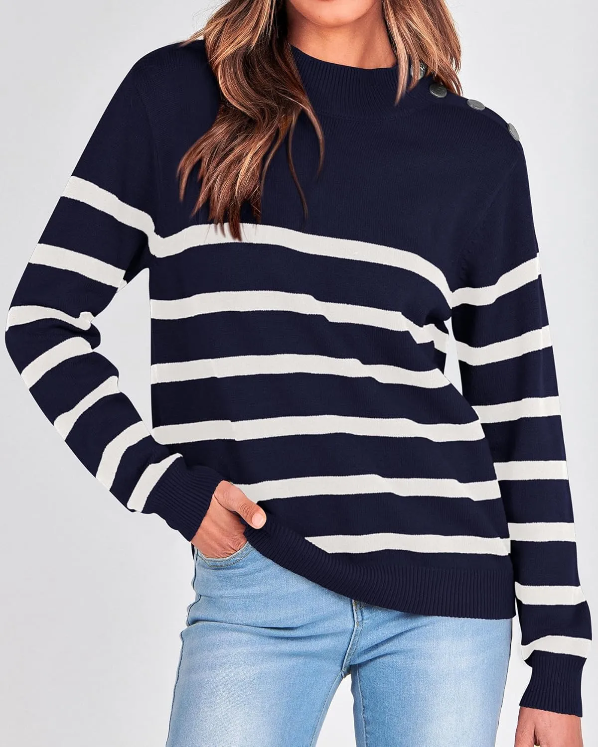 KIRUNDO Women's 2025 Fall Winter Long Sleeve Knit Sweater Turtleneck Striped Loose Pullover Tops Deco with Metal Buttons