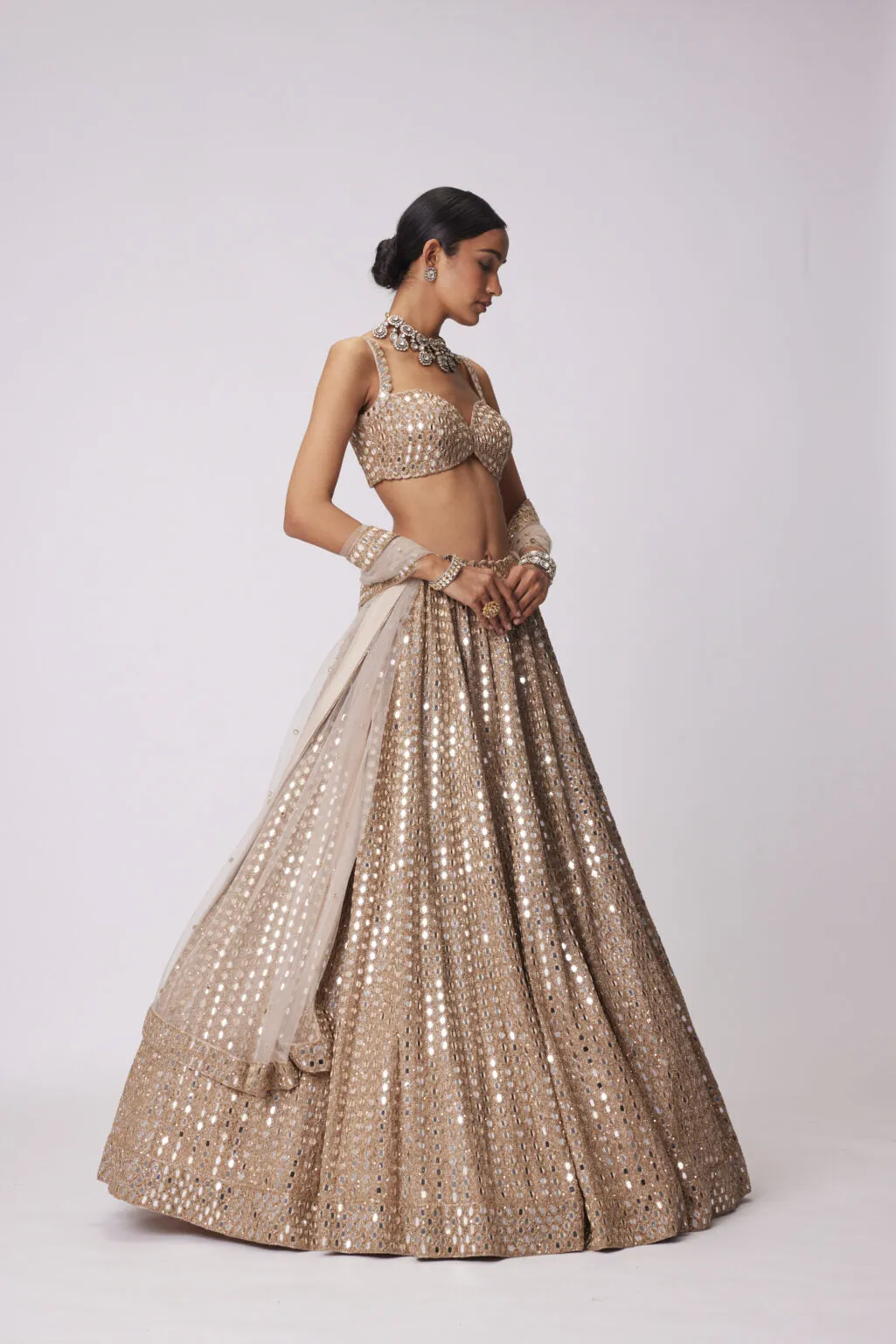 LIGHT BEIGE HAND EMBROIDERED LEHENGA SET