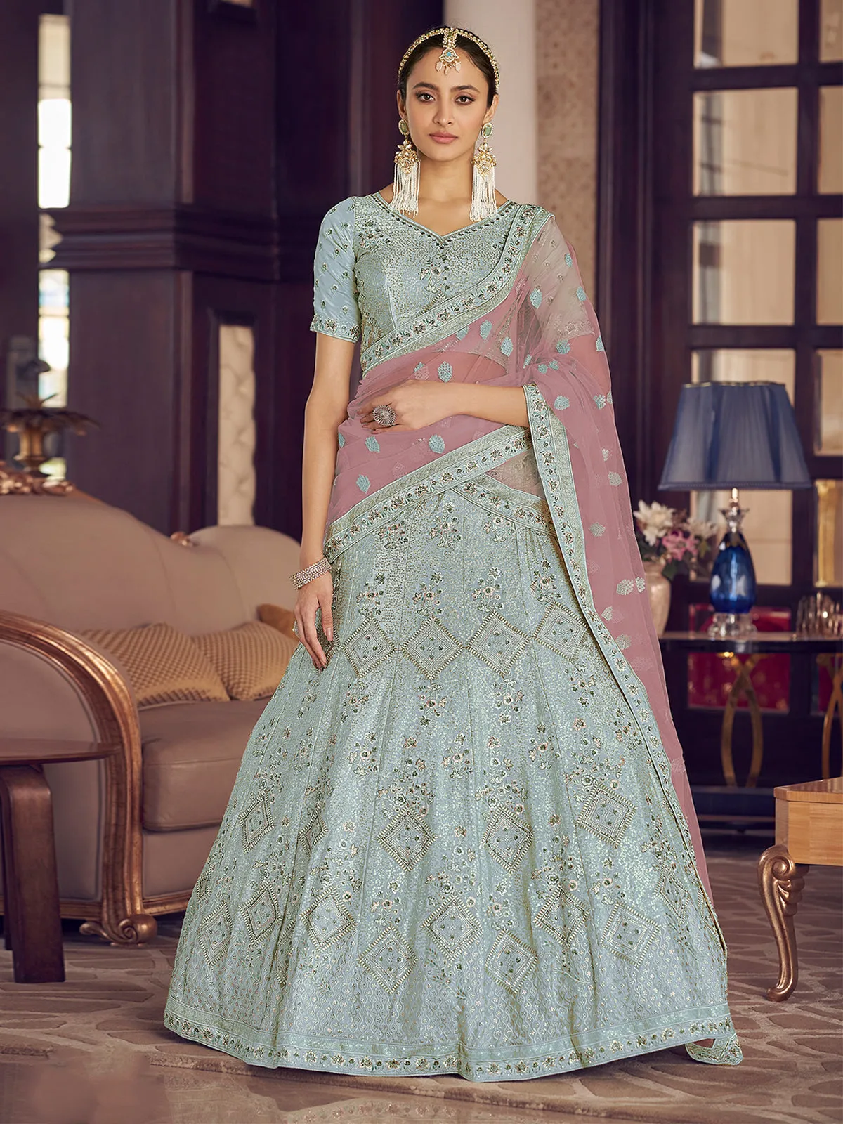 Light Blue Embroidered Crepe Semi Stitched Lehenga With Unstitched Blouse