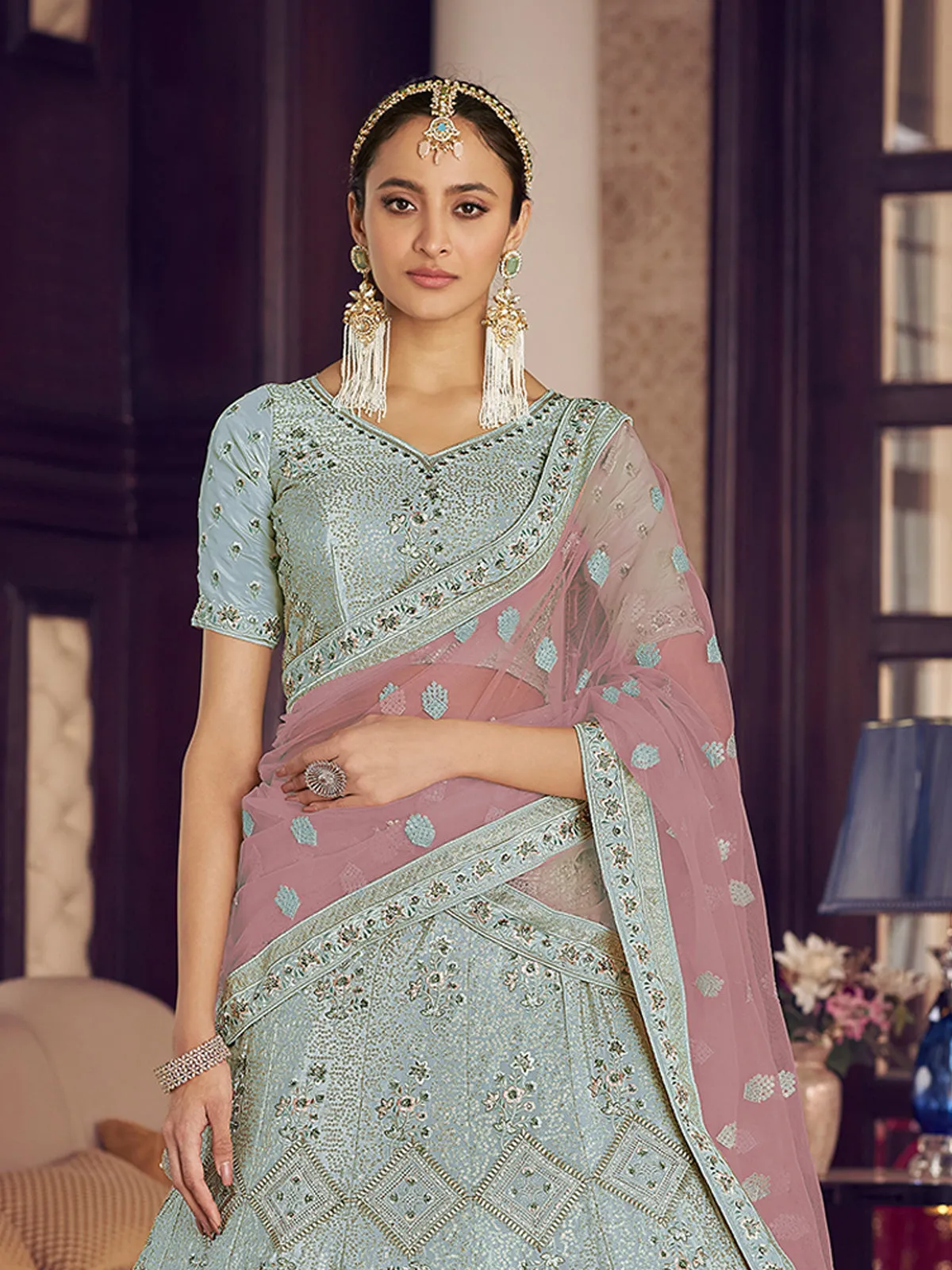 Light Blue Embroidered Crepe Semi Stitched Lehenga With Unstitched Blouse