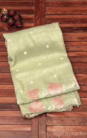Light green crushed tissue silk saree with scallop  border