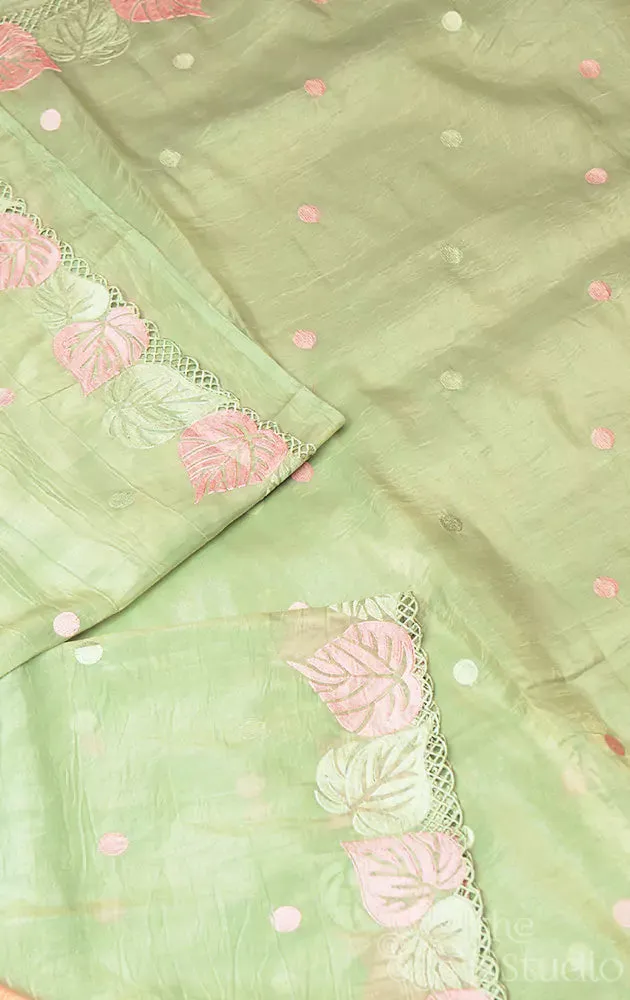 Light green crushed tissue silk saree with scallop  border