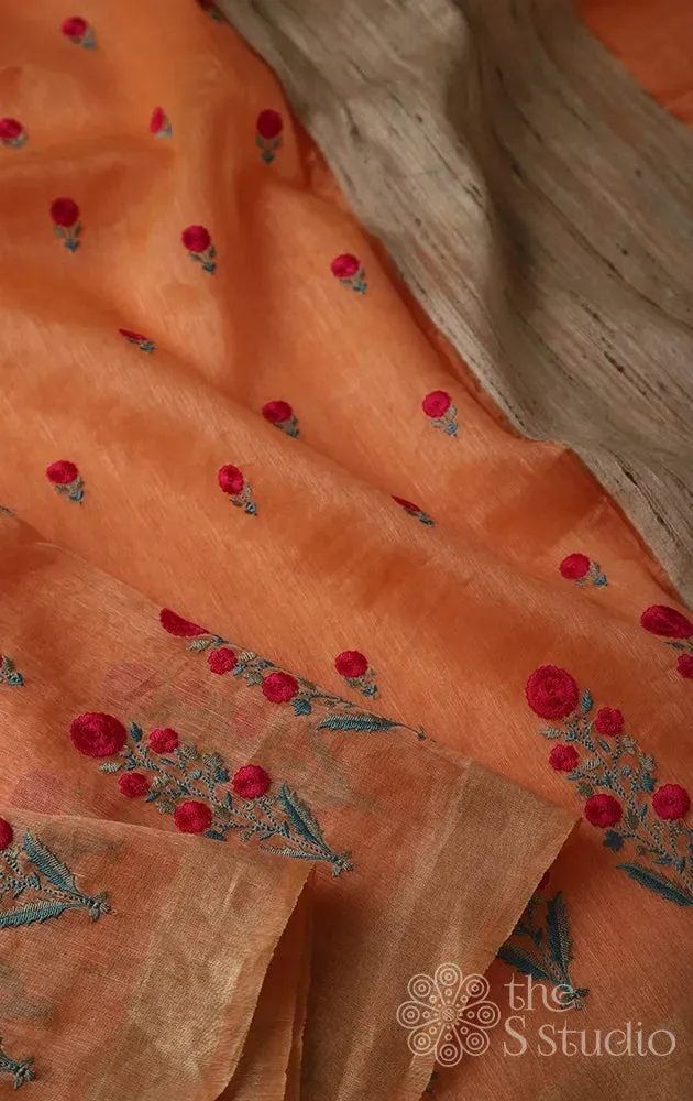 Light orange silk linen saree with embroidery