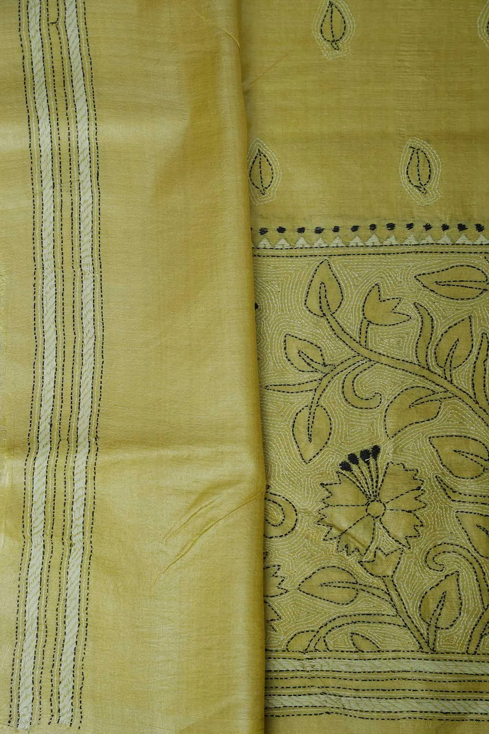 Light Yellow Kantha Tussar saree