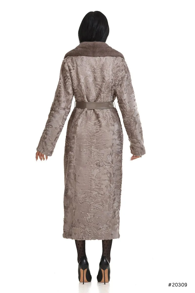 Long persian lamb coat with mink english collar and leather belt