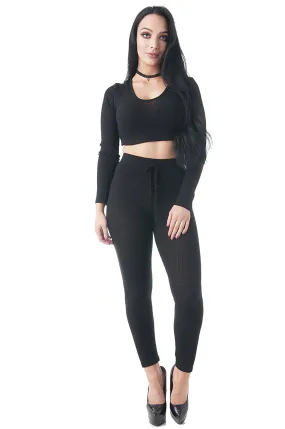 Long Sleeve Knit Ribbed Set (Medium, Black)