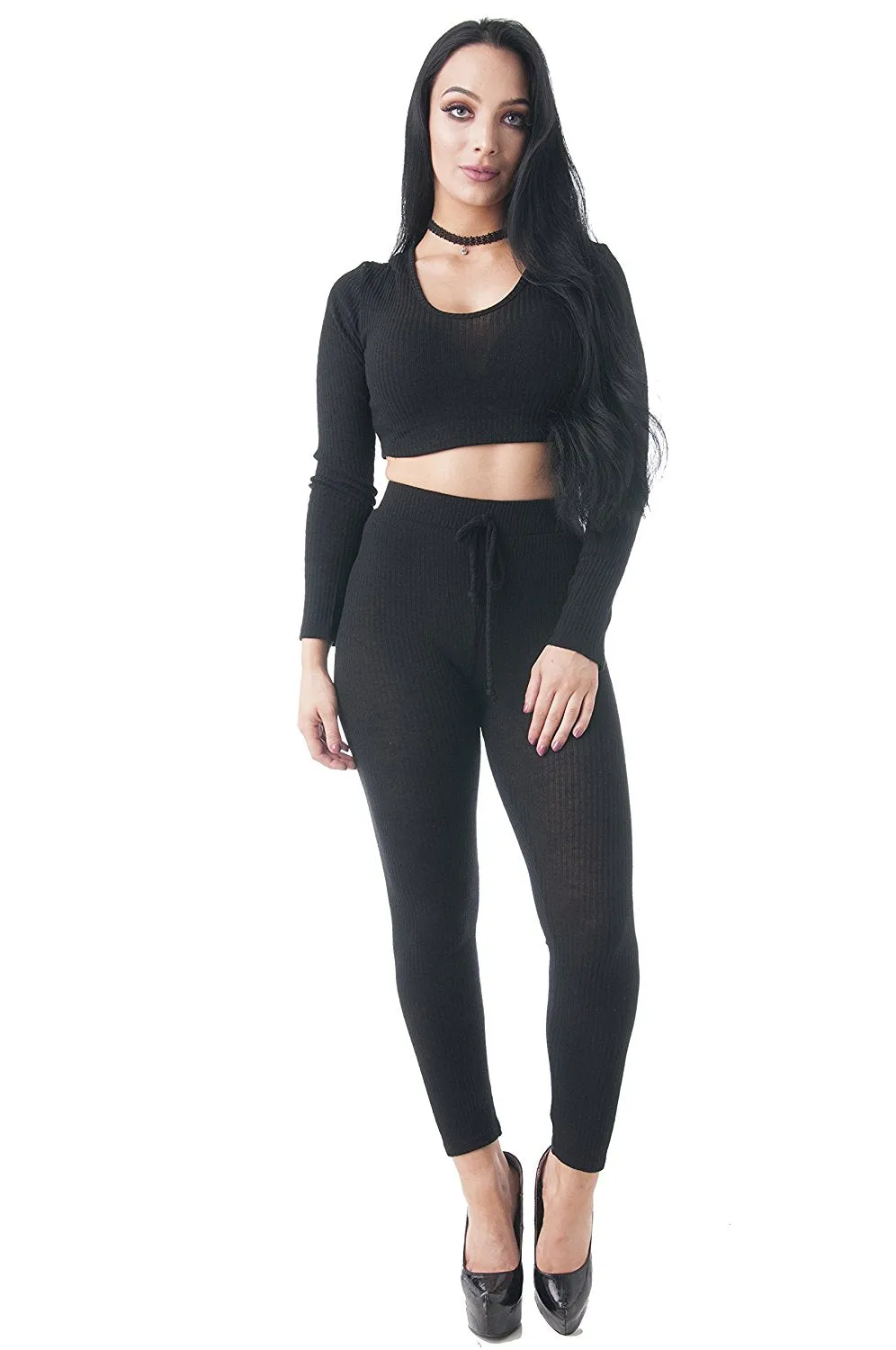 Long Sleeve Knit Ribbed Set (Medium, Black)