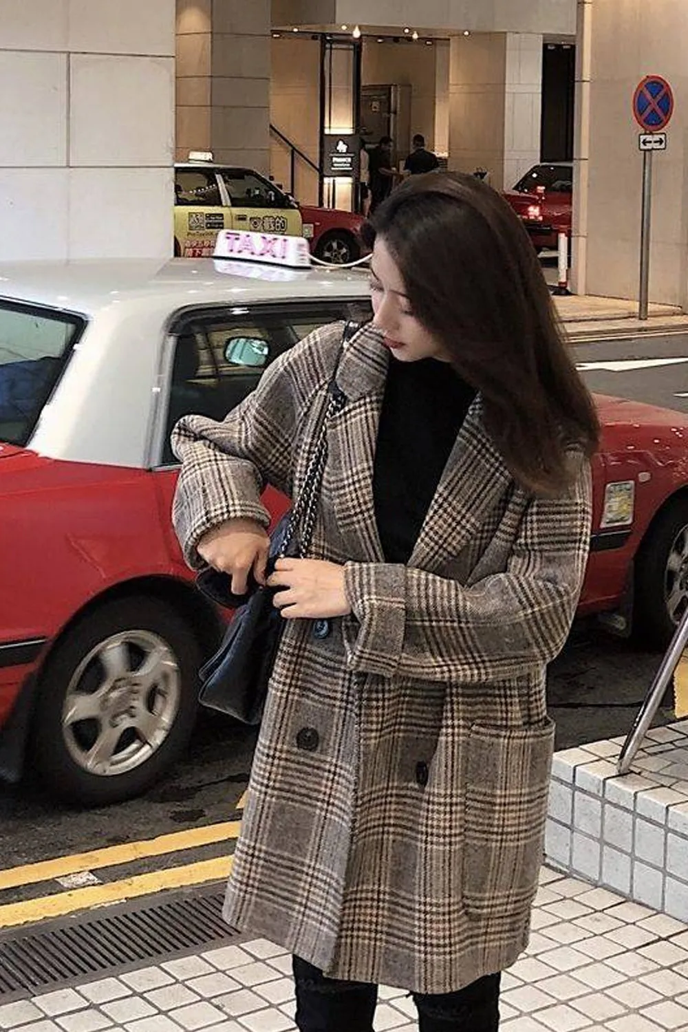 Loose Elegant Plaid Woolen Coat Jacket