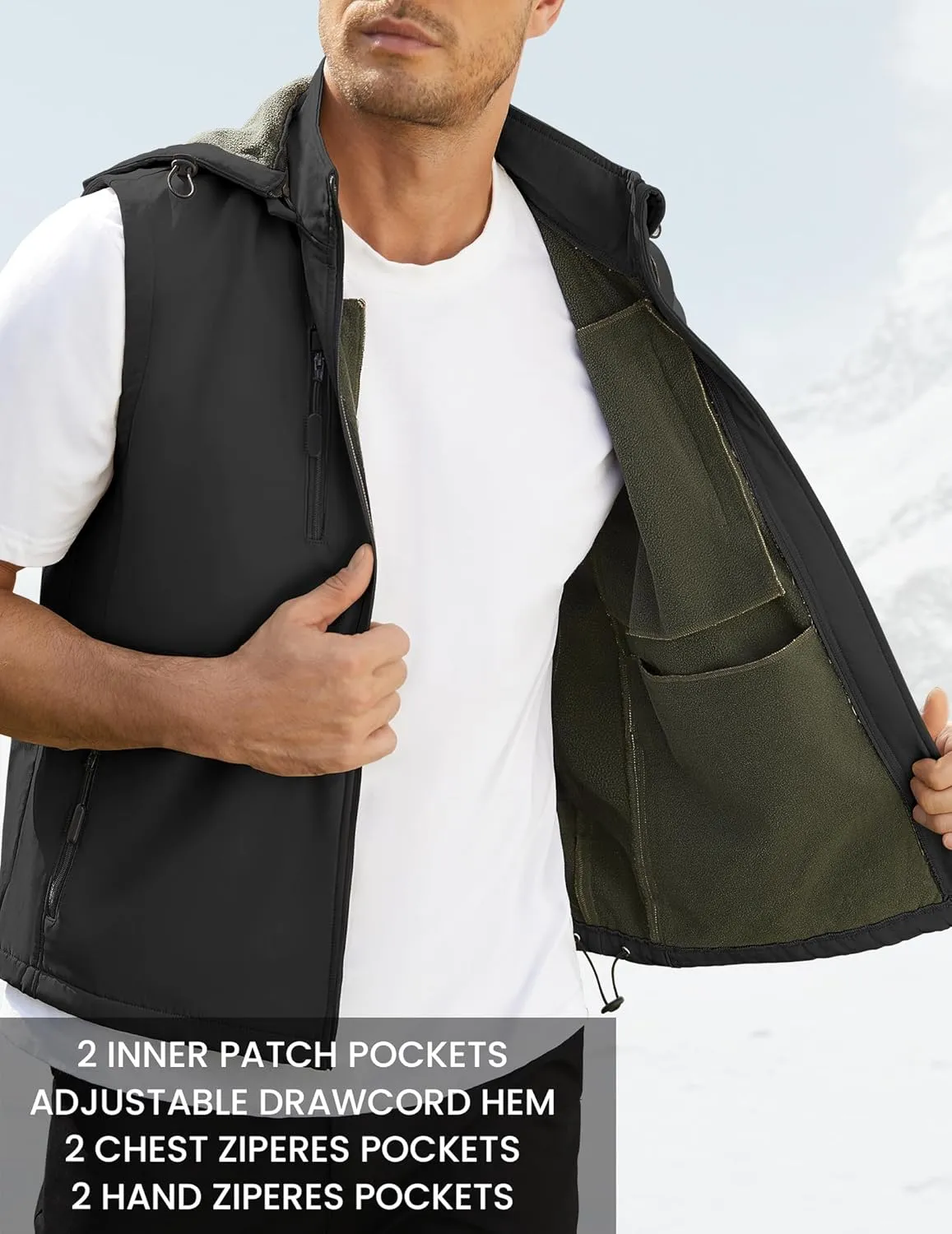 Men Vest Outerwear Windproof Vests Fleece Sleeveless Jacket with Detachable Hood for Golf Hiking