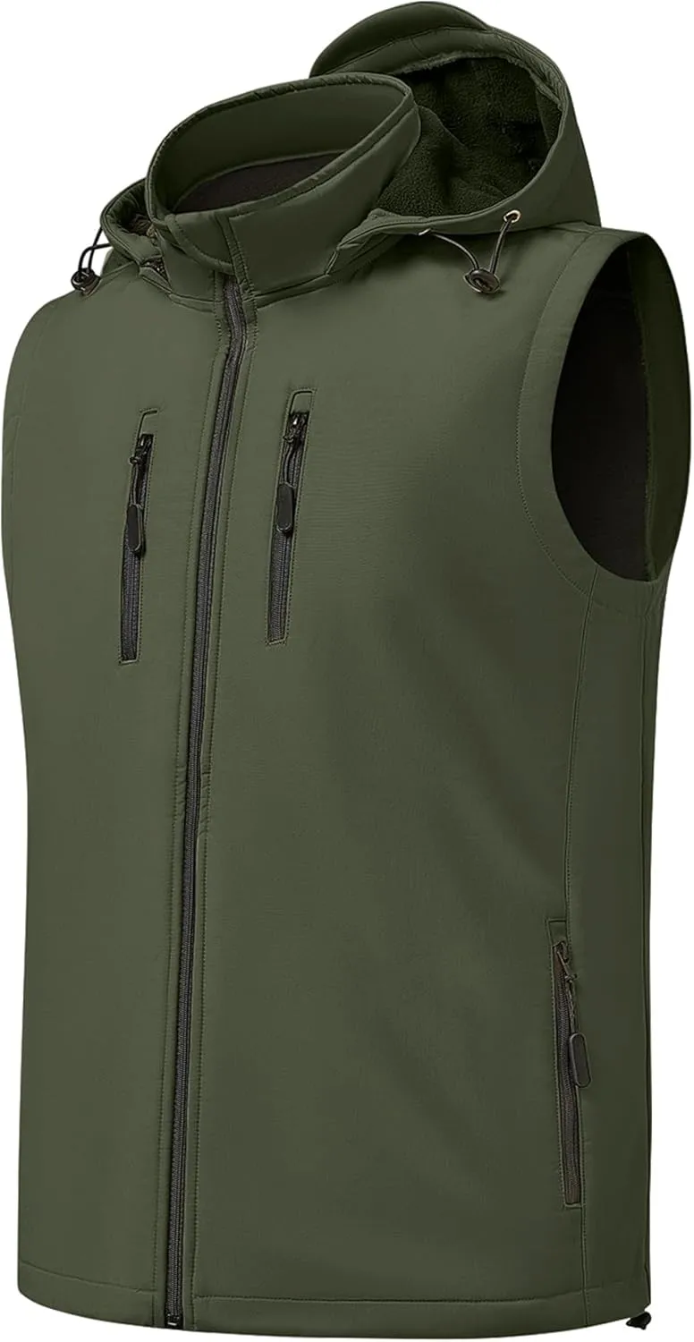 Men Vest Outerwear Windproof Vests Fleece Sleeveless Jacket with Detachable Hood for Golf Hiking