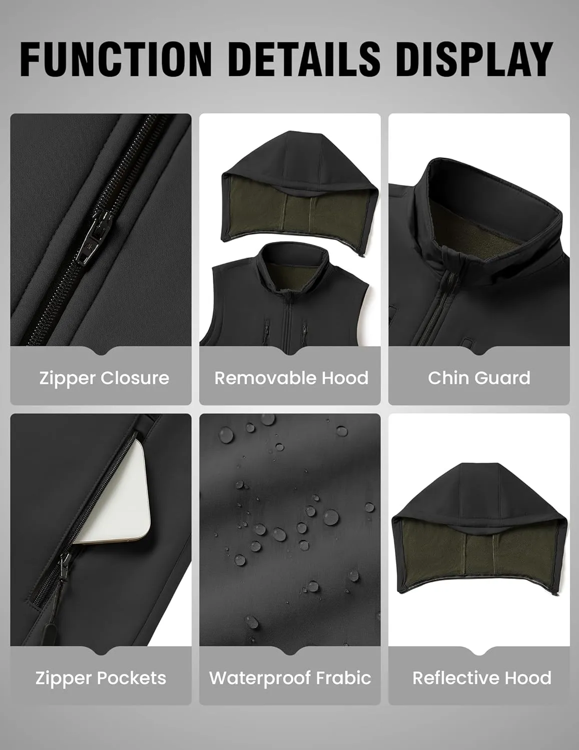 Men Vest Outerwear Windproof Vests Fleece Sleeveless Jacket with Detachable Hood for Golf Hiking