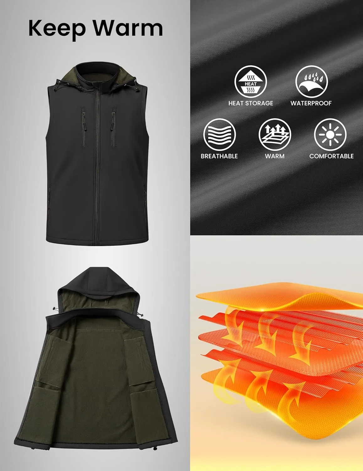 Men Vest Outerwear Windproof Vests Fleece Sleeveless Jacket with Detachable Hood for Golf Hiking