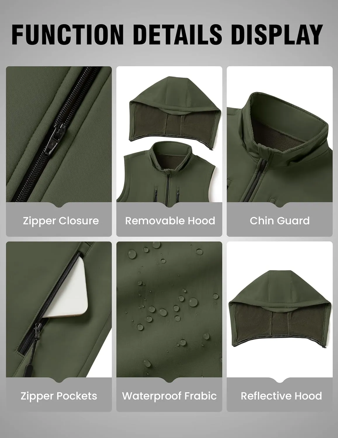 Men Vest Outerwear Windproof Vests Fleece Sleeveless Jacket with Detachable Hood for Golf Hiking