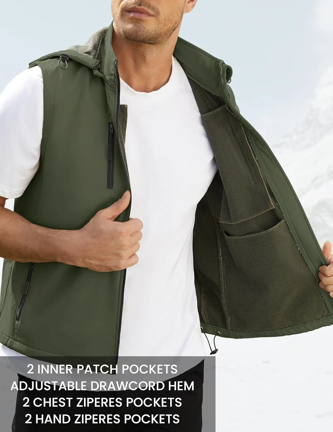 Men Vest Outerwear Windproof Vests Fleece Sleeveless Jacket with Detachable Hood for Golf Hiking