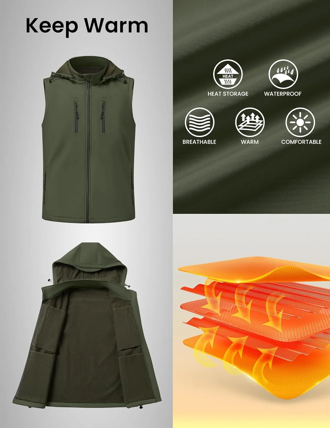 Men Vest Outerwear Windproof Vests Fleece Sleeveless Jacket with Detachable Hood for Golf Hiking