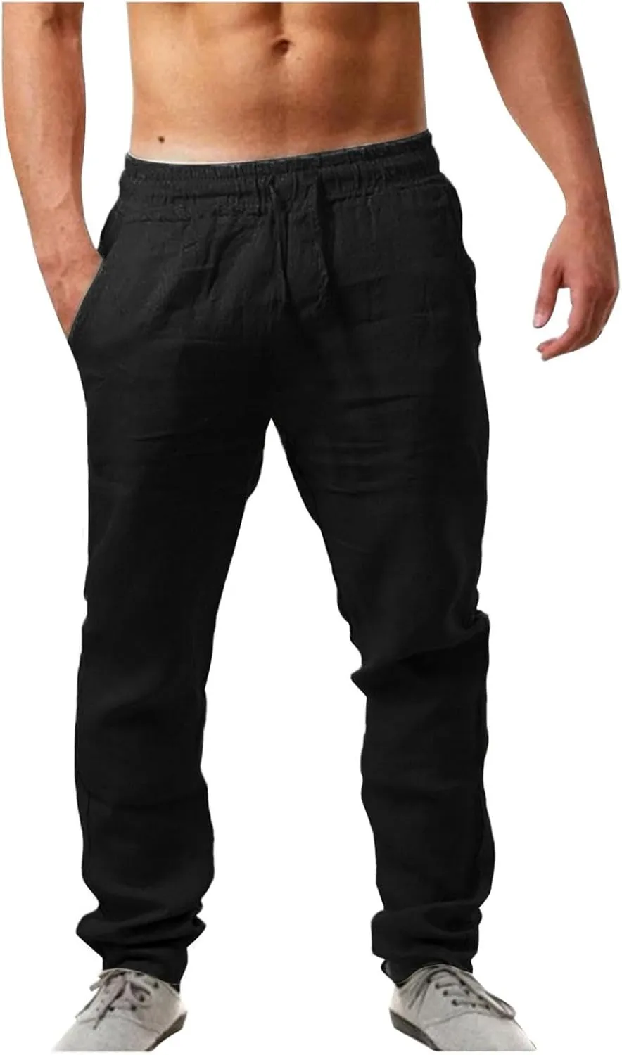 Mens Casual Pants, Elastic Waist Drawstring Summer Breathable Cotton Jogger Pants Linen Yoga Beach Trousers with Pockets