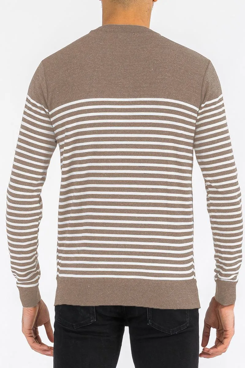 Mens Full Knit Pullover Sweater Brown Striped
