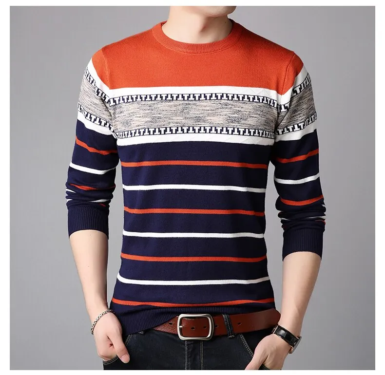 Men's O-neck Splice Striped knitted Sweater