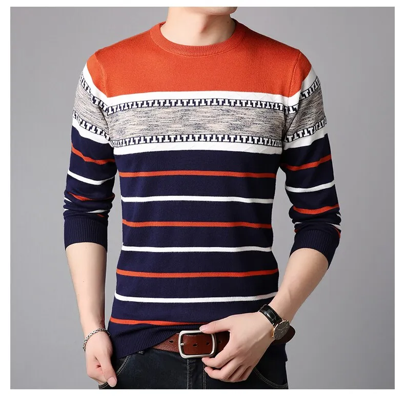 Men's O-neck Splice Striped knitted Sweater