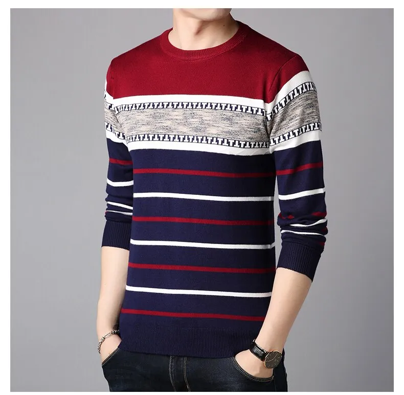 Men's O-neck Splice Striped knitted Sweater