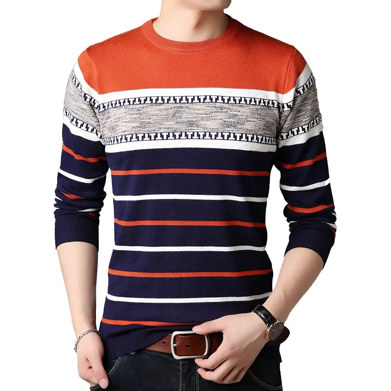Men's O-neck Splice Striped knitted Sweater