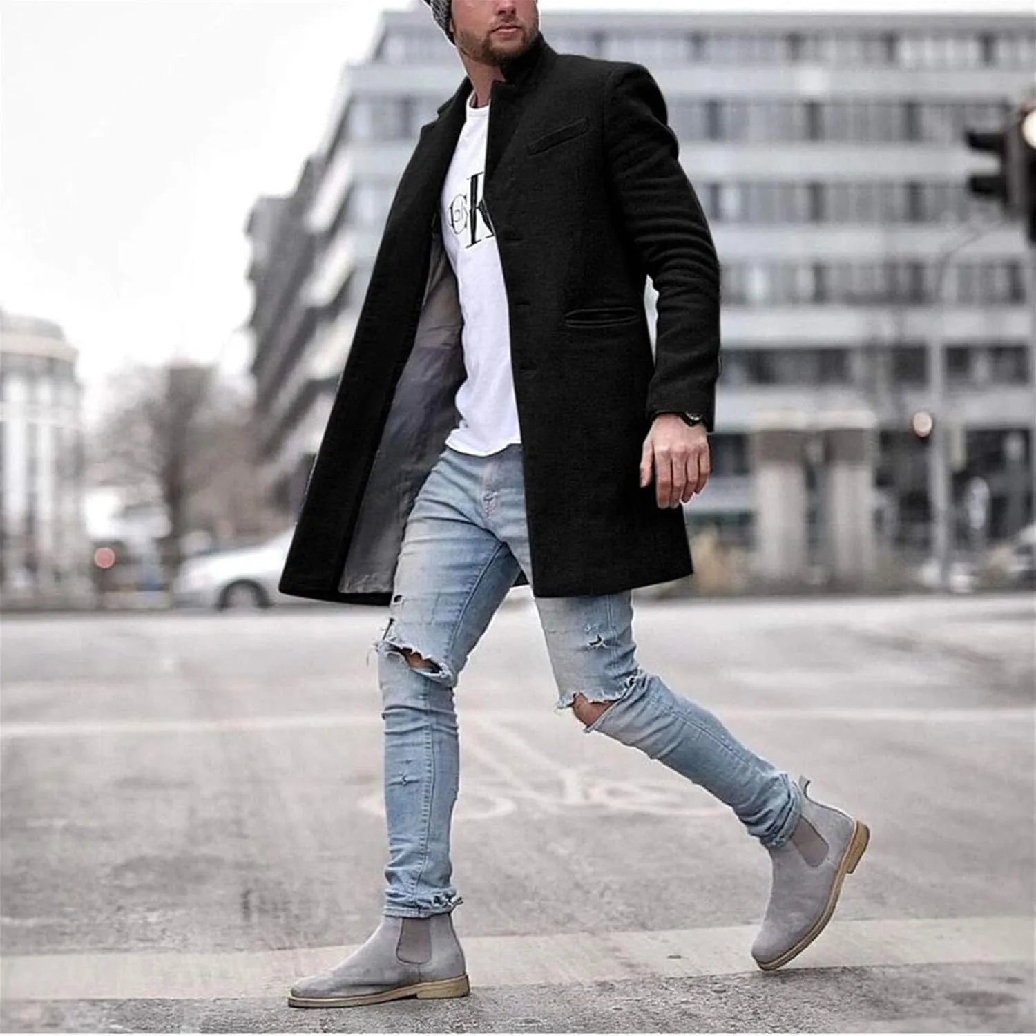 Mens Trench Coat,Winter Jacket for Men Plus Size Long Coat Men Cardigan Cute Print Windbreaker Warm Long Jacket