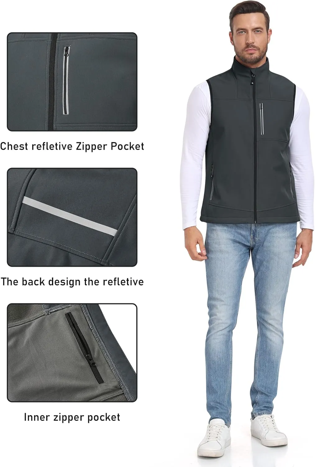 MoFiz Men's Vest Outerwear,Vest for men,Full Zip Fleece Lined Light Softshell Windproof Sleeveless Jacket for Hiking Golf