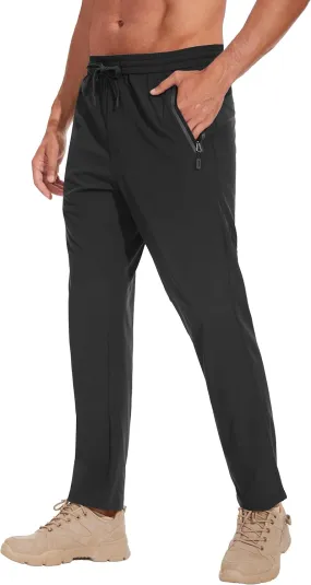 MOURCE Mens Breathable Stretch Athletic Pants with Pockets - Black Joggers for Men Running Travel Camping