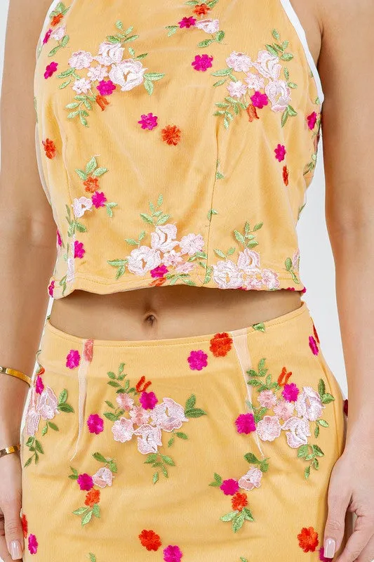 Mustard Embroidery Set Skirt And Sleeveless Blouse