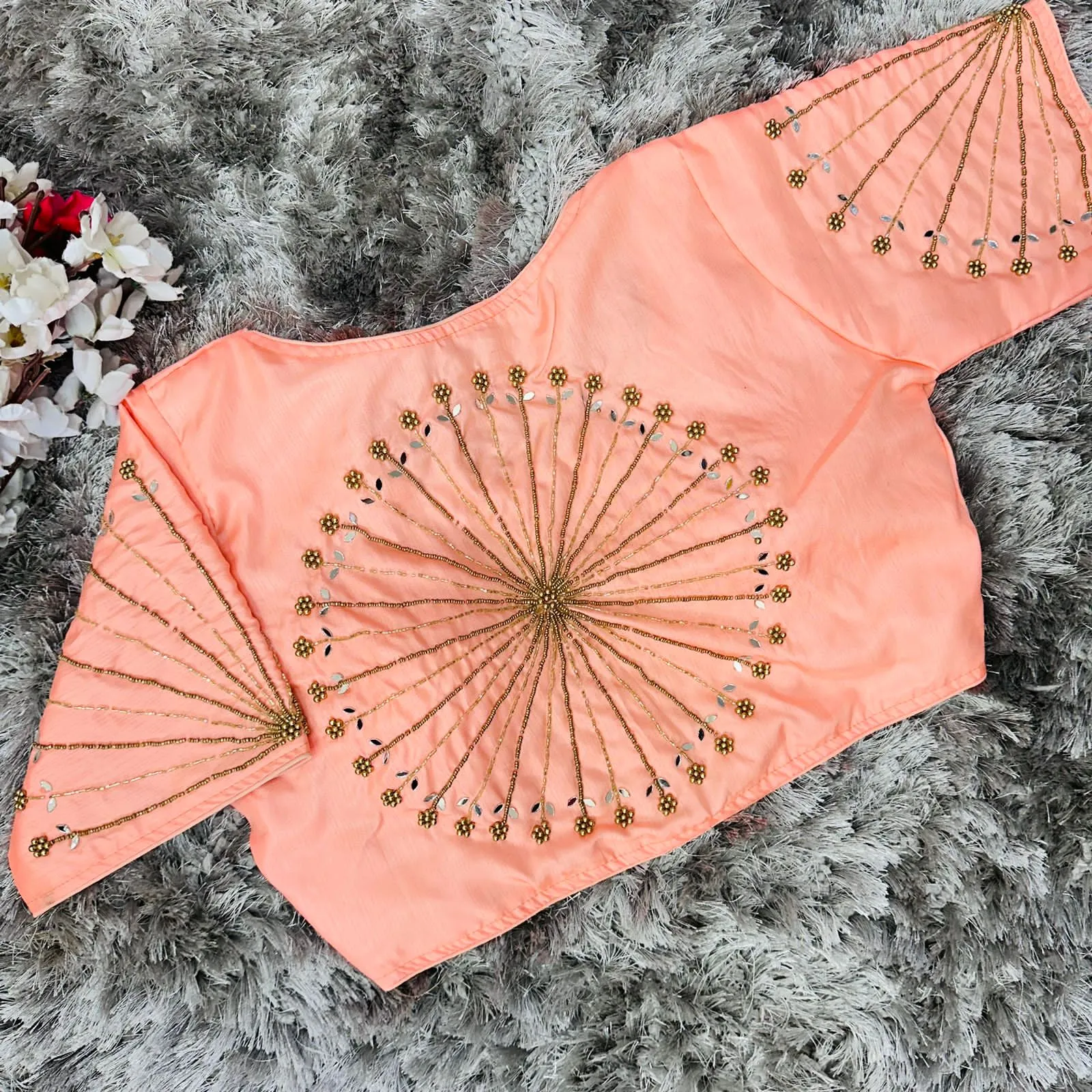 Orange Handcrafted tumtum silk Golden Blouse with Ambla Mirror Accents