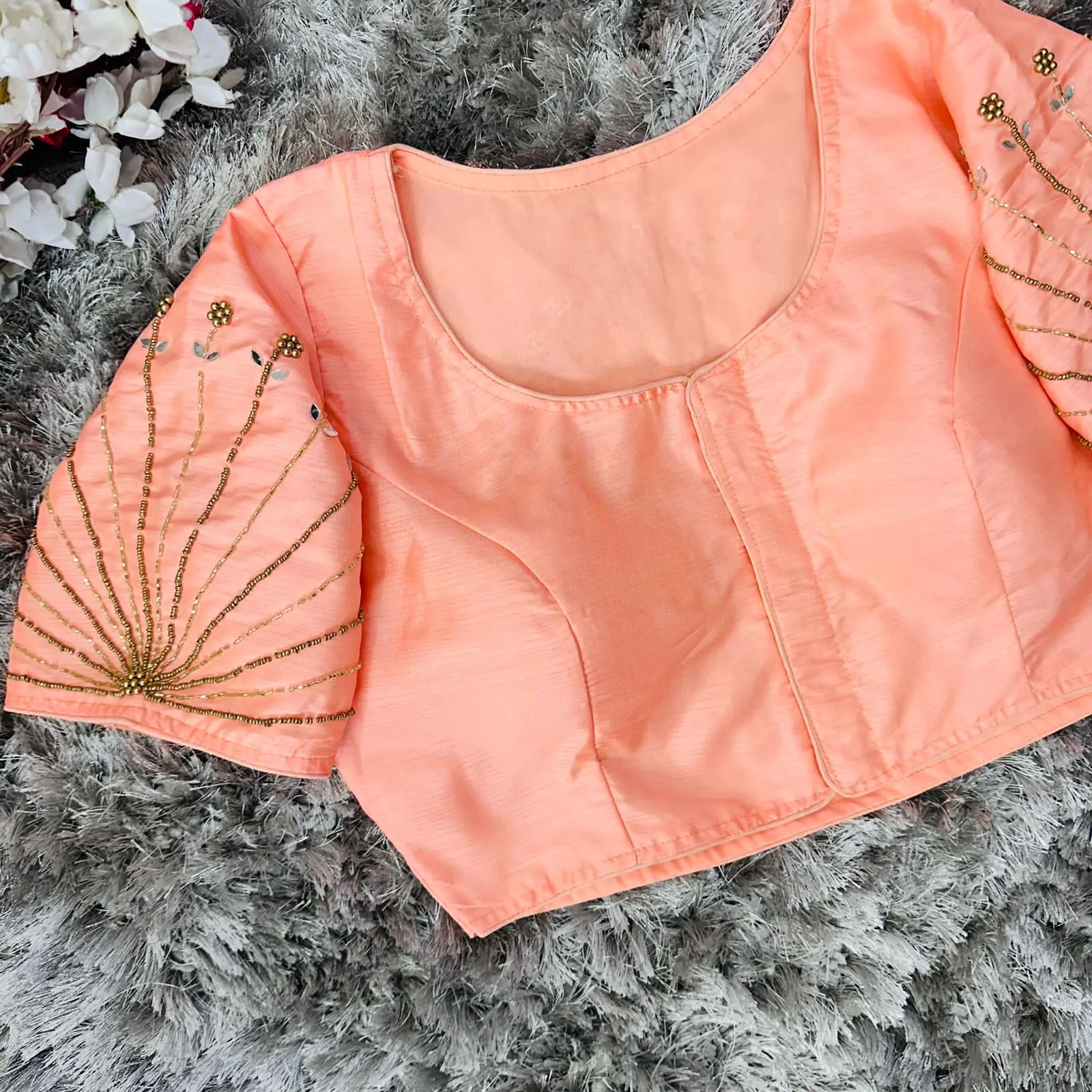 Orange Handcrafted tumtum silk Golden Blouse with Ambla Mirror Accents