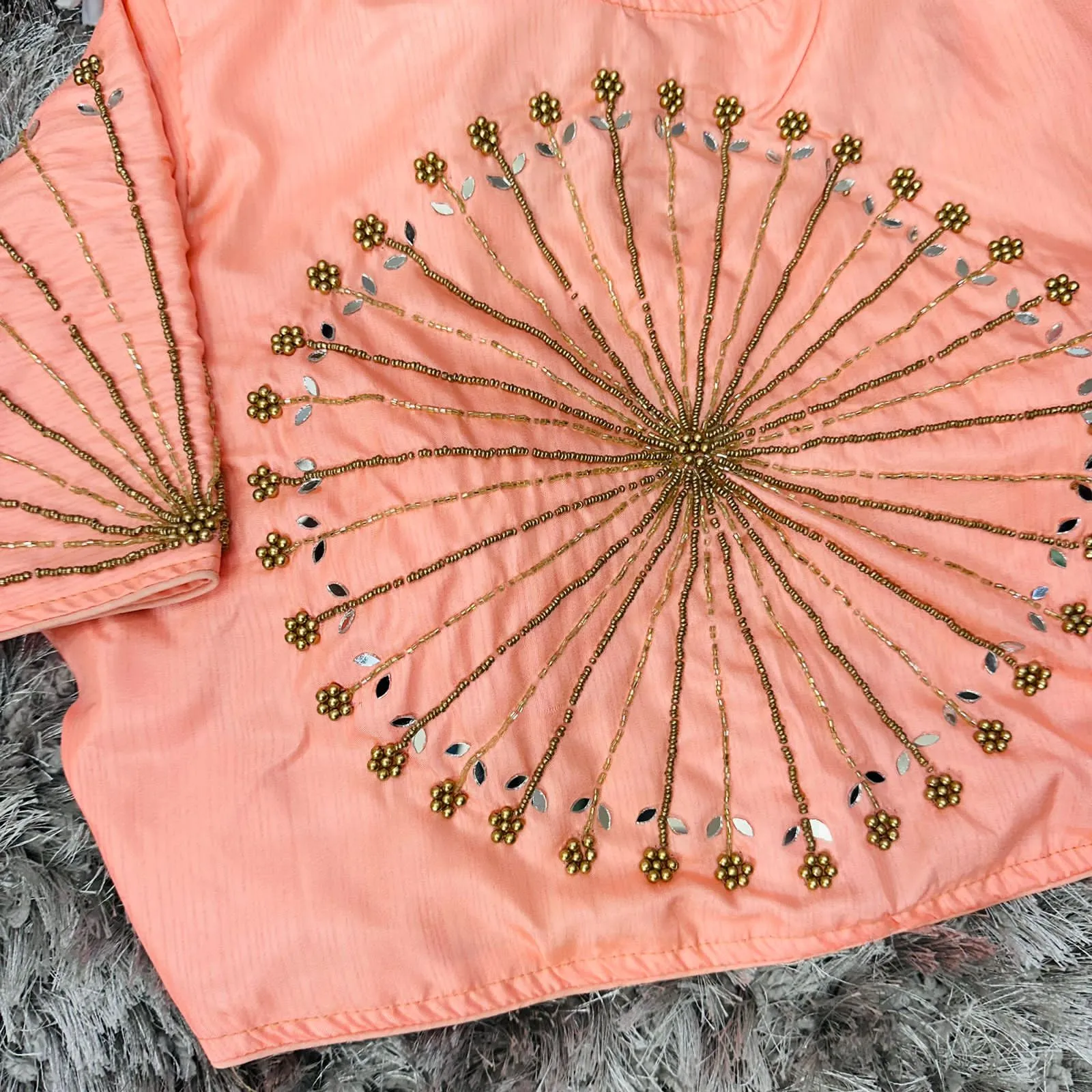 Orange Handcrafted tumtum silk Golden Blouse with Ambla Mirror Accents