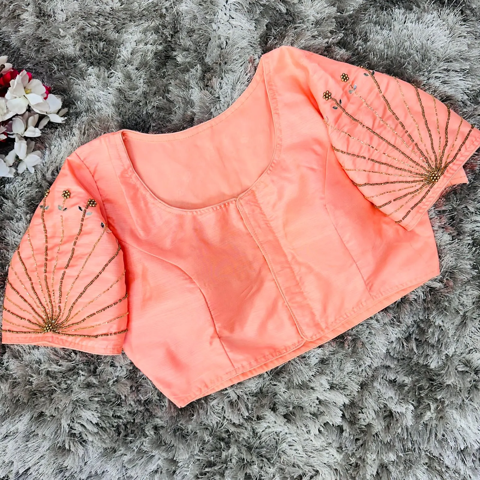 Orange Handcrafted tumtum silk Golden Blouse with Ambla Mirror Accents
