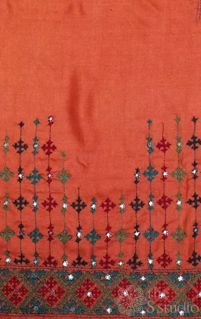 Orange tussar blouse material with mirror work kutch hand embroidery