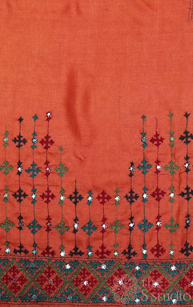 Orange tussar blouse material with mirror work kutch hand embroidery