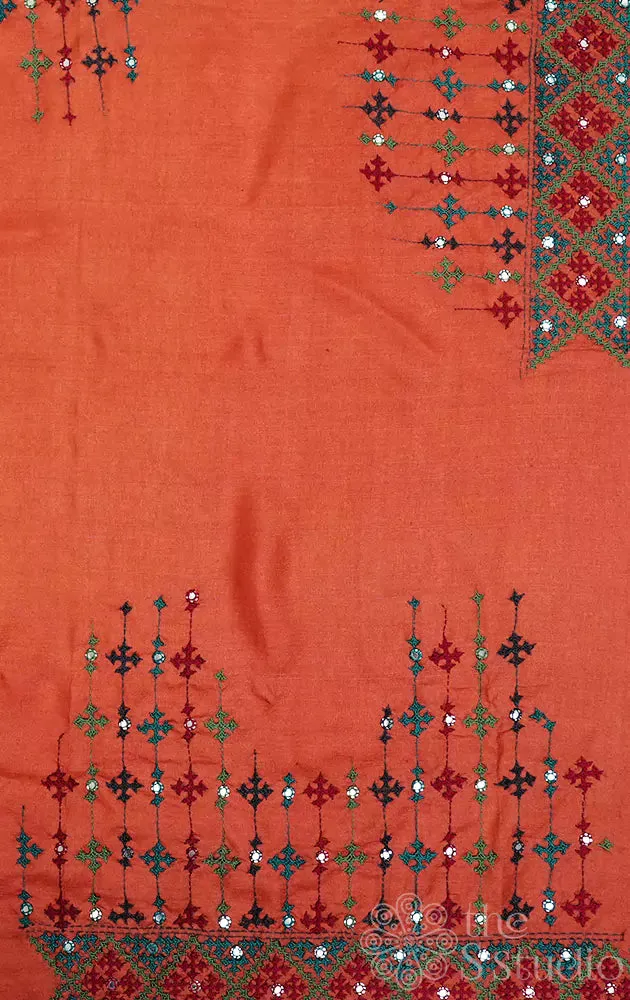 Orange tussar blouse material with mirror work kutch hand embroidery