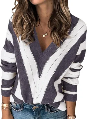 PRETTYGARDEN Women's Fashion Long Sleeve Striped Color Block Knitted Sweater Crew Neck Loose Pullover Jumper Tops