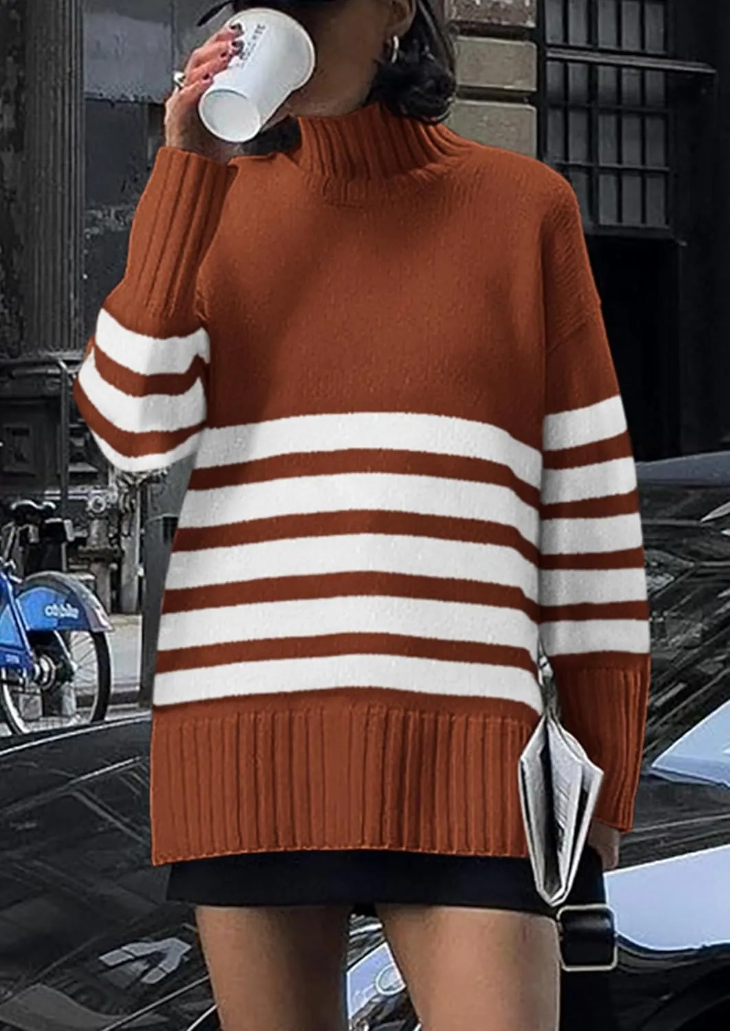 PRETTYGARDEN Women's Oversized Striped Sweaters Fall Casual Long Sleeve Turtleneck Pullover Chunky Knit Jumper Tops