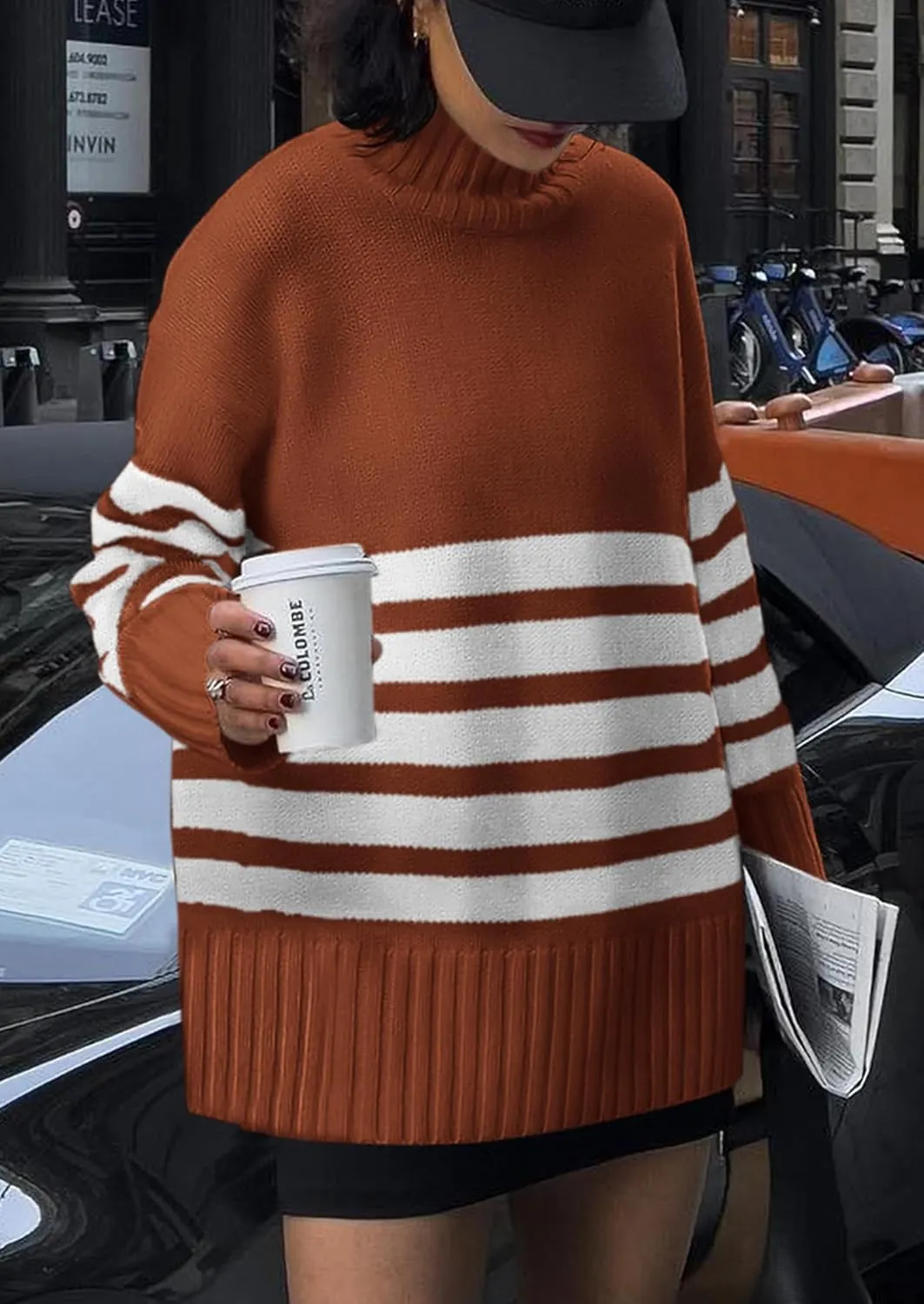 PRETTYGARDEN Women's Oversized Striped Sweaters Fall Casual Long Sleeve Turtleneck Pullover Chunky Knit Jumper Tops
