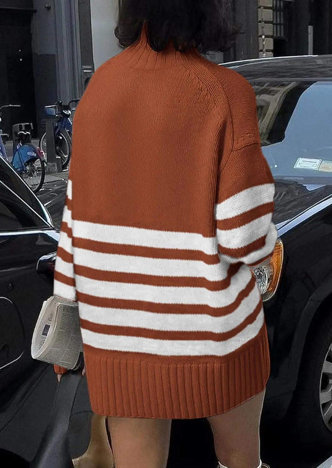 PRETTYGARDEN Women's Oversized Striped Sweaters Fall Casual Long Sleeve Turtleneck Pullover Chunky Knit Jumper Tops