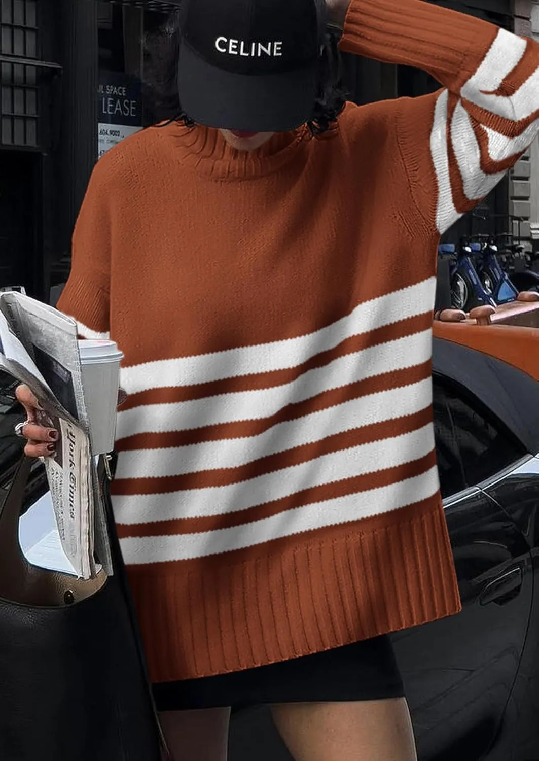 PRETTYGARDEN Women's Oversized Striped Sweaters Fall Casual Long Sleeve Turtleneck Pullover Chunky Knit Jumper Tops