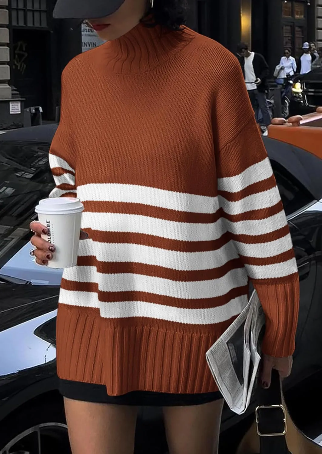 PRETTYGARDEN Women's Oversized Striped Sweaters Fall Casual Long Sleeve Turtleneck Pullover Chunky Knit Jumper Tops